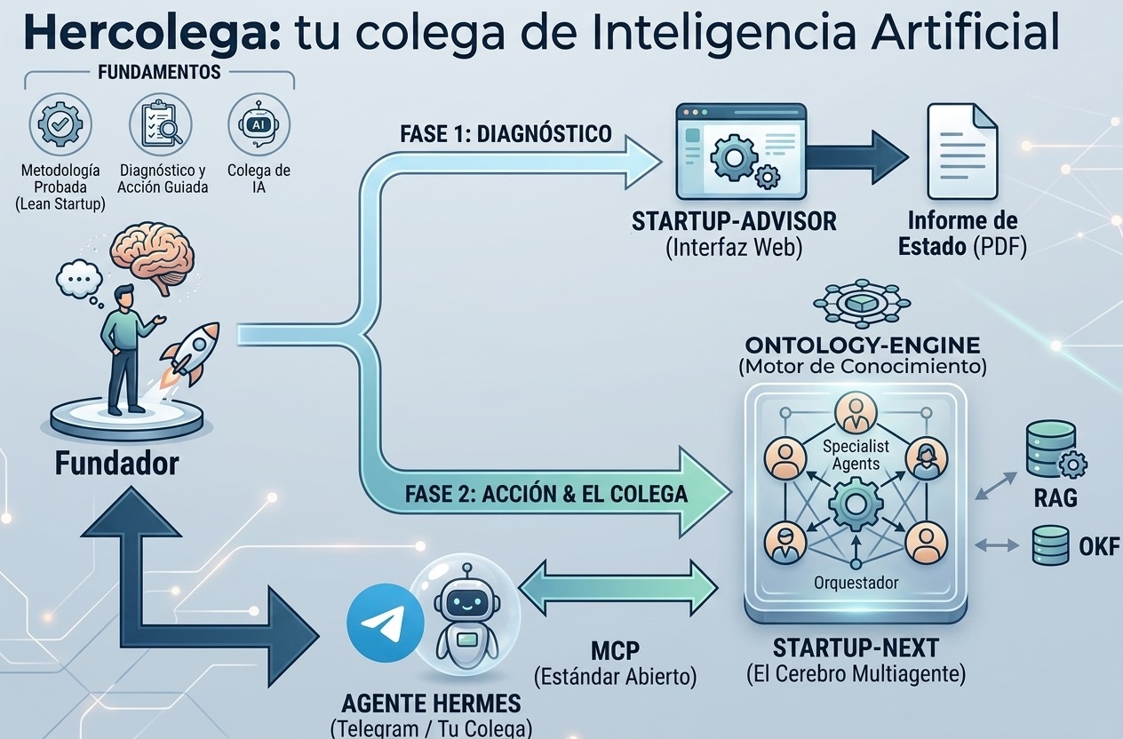 Diagrama del ecosistema Hercolega: el fundador, Startup-Advisor, Ontology-Engine, Startup-Next con sus especialistas, y el Agente Hermes conectado por MCP